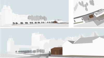 En arkitekt ritning av hur en servicebyggnad intill Kuntsi museum skulle kunna se ut.