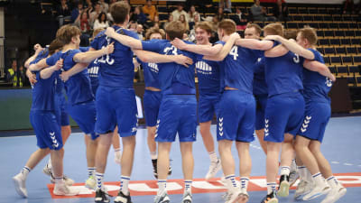 Finlands handbollsherrar firar seger.