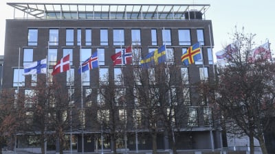 Nordiska flaggor i rad utanför riksdagens tillbyggnad i Helsingfors.