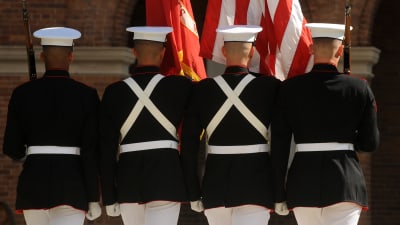 Amerikanska marinkårssoldater med ryggen mot kameran.