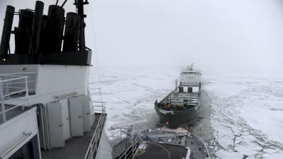 Isbrytaren Kontio bogserar ett fraktfartyg på bottenviken 2013. 