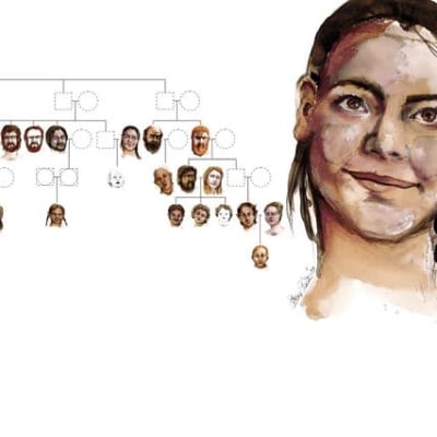 Piirroskuva, jonka oikeassa laidassa on hymyilevä nuori nainen ja vasemmalla kasvokuvia sukupuussa. 