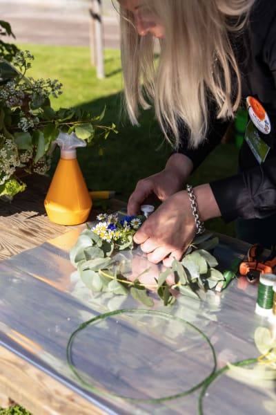 Närbild av en floristmästares händer som binder en blomsterkrans av eukalyptus, blåklint och prästkrage.