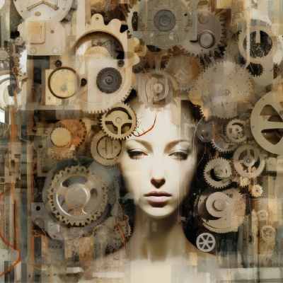 Abstrakt grafisk bild av en kvinnas ansikte som omges av kugghjul och industriella föremål.