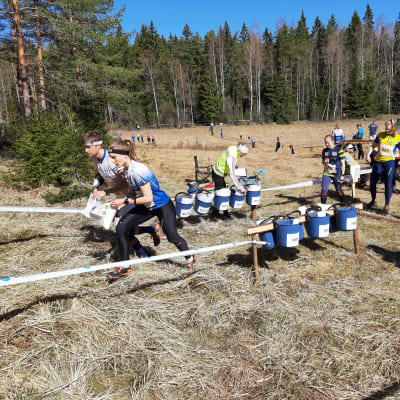 Två orienterare i blå och vita tävlingsdräkter startar med kartor i händerna i en tävling på en äng en solig vårdag.