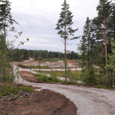 Öppet landskap omringat av skog, containrar i bakgrunden.