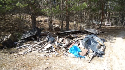 Skräp slängt i en skog.