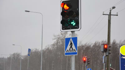 Ett trafikljus som visar en grön pil och en röd lampa.