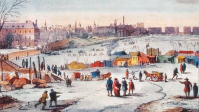 Målning föreställande en frostmarknad på den frusna Themsen.