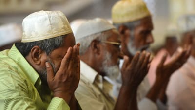 Lankesiska muslimer ber i en moské under fredagsbönen i Colombo 26.4.2019