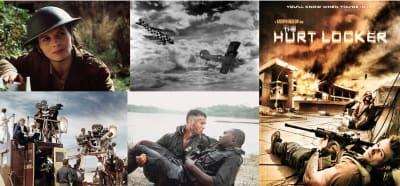 Kuvayhdistelmä erilaisita sotaelokuvista ja elokuvan kuvaamisesta.