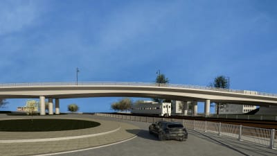 en imaginär så kallad observationsbild av hur den nya viadukten i Hangö ska se ut, en lång vit bro.