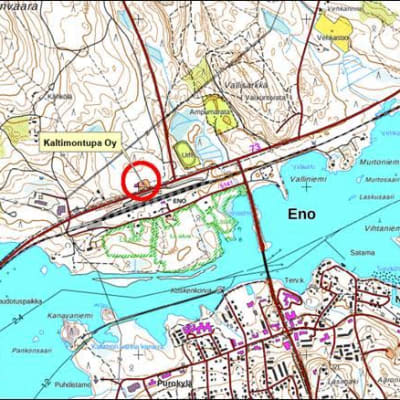 Kartta Joensuun Enosta, missä näkyy huoltoaseman sijainti valtatien varrella.
