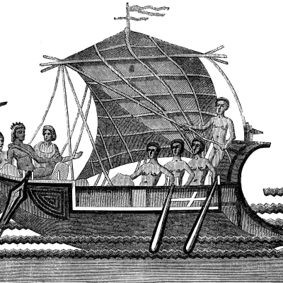 Hjälten Theseus med besättning i ett skepp av gammal grekisk modell.