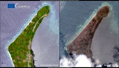 Två satellitbilder av samma ö, den första grön och den andra svart.