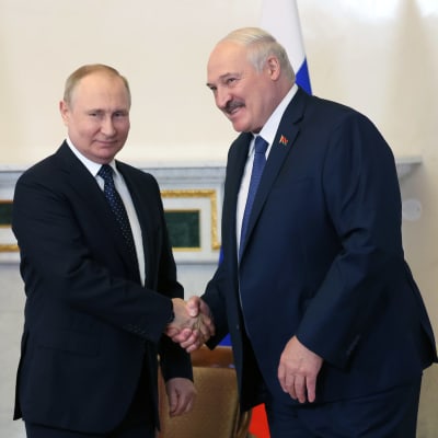 Vladimir Putin ja Aljaksandr Lukasenka kättelivät Pietarissa kesäkuussa 2022.