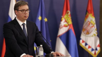 President Vučić fotograferad under en presskonferens som han höll tillsammans med Rysslands utrikesminister Sergej Lavrov i Belgrad den 18 juni. 