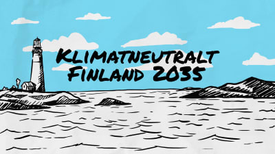 En illustration av ett havslandskap med en fyr och rubriken Klimatneutralt Finland 2035