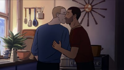 Piirroskuvassa kaksi miestä seisoo keittiössä ja pussaa toisiaan.