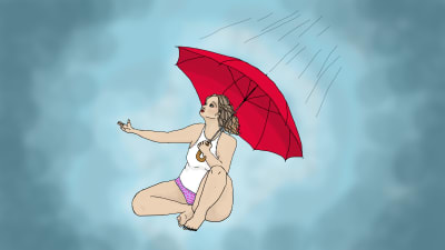 En sittande sexarbetare tittar upp mot en regnig himmel, hon har ett rött paraply över axeln.