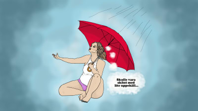 En digital illustration på en sittande sexarbetare som håller ett rött paraply mot regnet och tänker "Skulle vara skönt med lite uppehåll..."