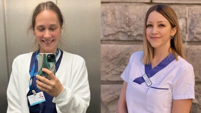 Två unga kvinnliga läkarstudenter i vita personalkläder.