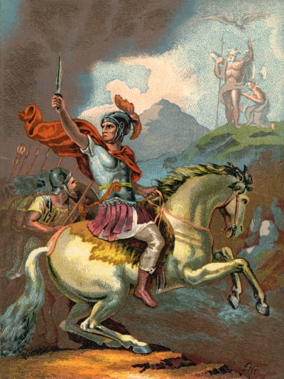 Julius Caesar rider på en vit häst med svärdet i högsta hugg.
