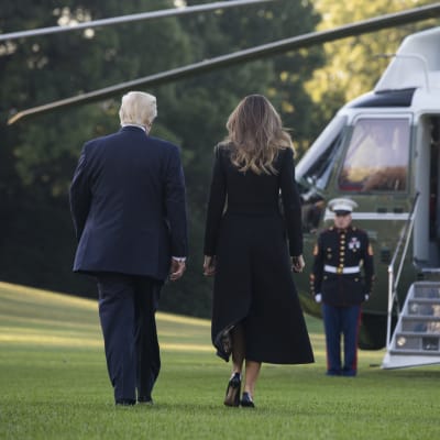 Donald Trump med fru på väg till helikopter, ryggen vänd mot kameran.