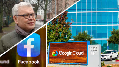 Bildmontage av tre bilder. Till vänster syns en man, Carl-Gustav Lindén, som tittar åt sidan. Nere i vänstra hörnet syns Facebooks app i en telefonskärm. Till höger syns Googles kontor i Silicon Valley i Kalifornien.