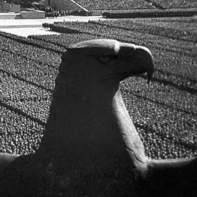 Saksan kotka paraatikentän yllä natsi-Saksan aikaisessa propagandafilmissä Tahdon voitto