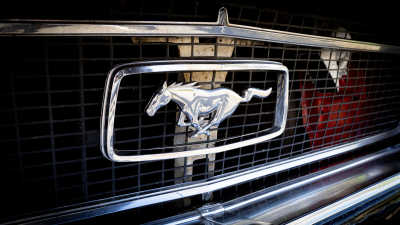 En mustang-symbol, en vildhäst, på grillen till en Ford Mustang.