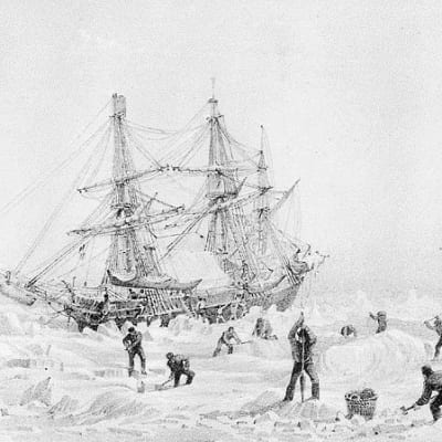 Piirroskuva jäiden saartamasta purjealuksesta, jonka ympärillä miehistö hakkaa jäätä