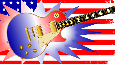 Stiliserad elgitarr ovapå USA:s flagga 