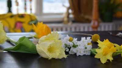 Korta snittblommor av tulpan och narciss som ligger på ett bord.