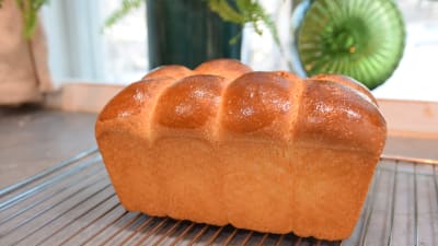 Gräddad brioche på ett bord i ett kök