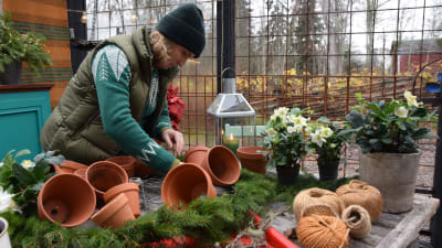 Lena Gillberg arbetar med en krans av gransris och lerkrukor i trädgårdshuset.