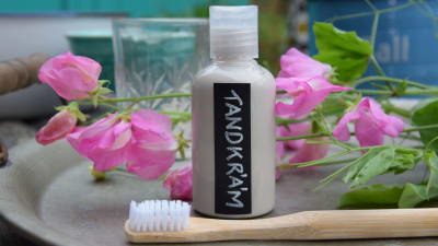 En plastflaska med hemgjord tandkräm och en tandborste av bambu. I bakgrunden en luktärt.