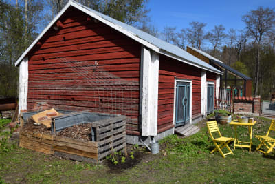 En kompost i trä med gallertak och plantering runtom står invid ett gammalt uthus.