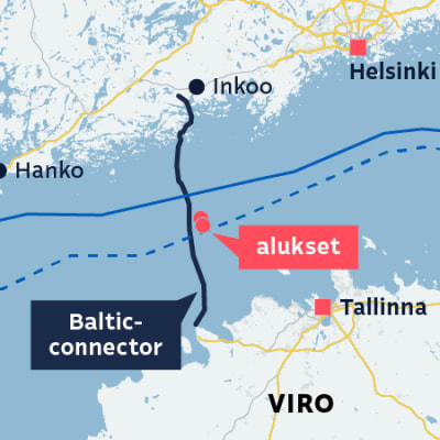 Grafiikka näyttää kartalla Inkoon kohdalta lähtevän BalticConnector-kaasuputken, joka johtaa Viroon Paldinskin kohdalle Tallinnan länsipuolelle.