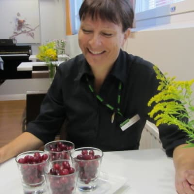Eija Loisa toi töihin maisteltavaksi kotipihan karviaisia.