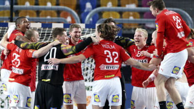 Danmarks spelare firar efter slutsignalen.