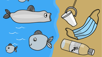 en tecknad bild av fiskar och skräp i under havsytan
