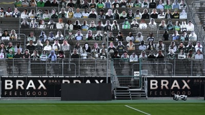 En fotbollsläktare fylld med pappfigurer i stället för riktiga människor. I förgrunden en tom fotbollsplan.