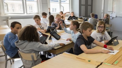 Elever jobbar vid sina pulpeter i klassrummet.