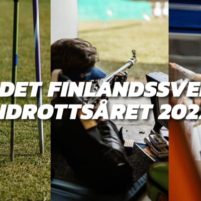 Ett kollage av tre bilder med rubriken "Det finlandssvenska idrottsåret 2022", bilden längst till vänster föreställer fyra spjut instyckna i gräset på en idrottsplan, på den mittersta bilder sitter en person som siktar med aett sportgevär och på bilden längst till höger finns en grupp med flickor som håller på med truppgymnastik.