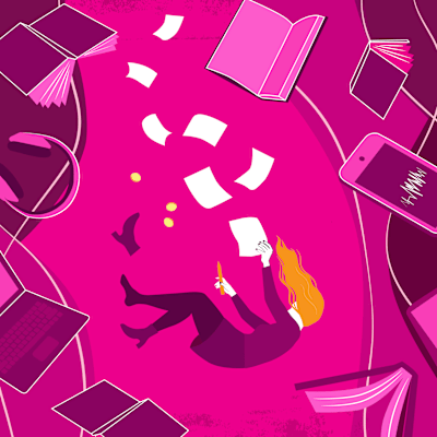 Piirroskuvituksessa naispuolinen henkilö uppoaa kirjojen ja läppäreiden keskellä. Nainen tavoittelee paperiliuskoja, jotka lipeävät hänen käsistään.