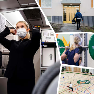 Fotokollage - person som åker metro, åskådare på konsert, person med munskydd i flygplan, hämtmat anländer, träning på gym och personer som spelar basket.