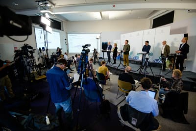 Journalister samlade på Folkhälsomyndighetens pressträff.