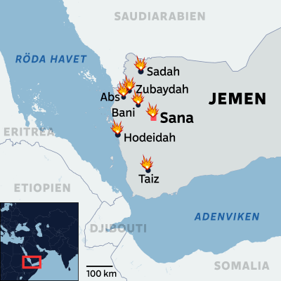 kartta yhdysvaltojen ja Britannian iskuista Jemenissä.