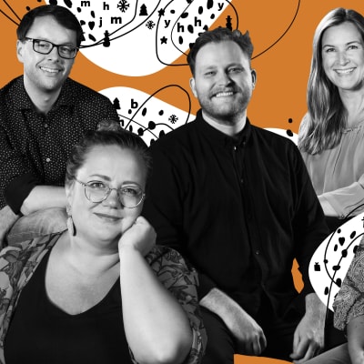 Fotocollage av Svenska Yles kulturjournalister: Kia Svaetichin, Lasse Garoff, Marit Lindqvist, Anne Hietanen, Elin Willows och Jonas Forsbacka